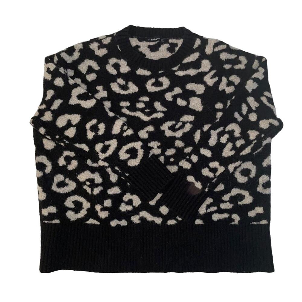 ZARA KNIT Leopard Print Black Tan Crew Neck Long Sleeve Oversized Sweater S